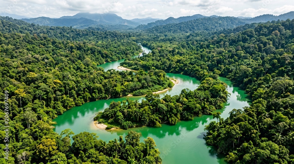 Fototapeta premium Winding jungle river snaking its way through a dense tropical rainforest, featuring vivid emerald green waters that contrast with the trees.