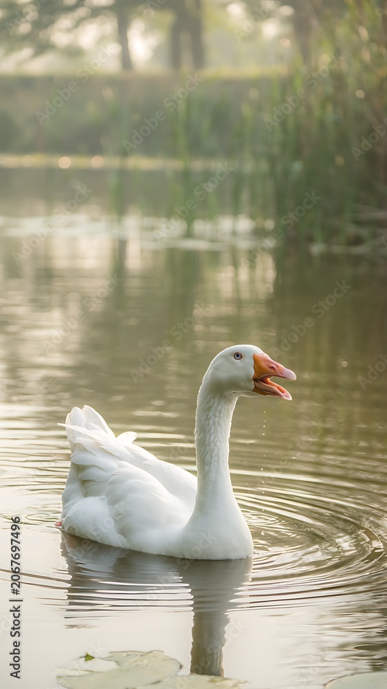 Obraz premium Graceful White Swan Gliding on Calm Water.