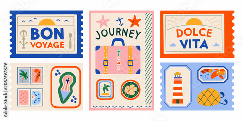 Foto Travel themed postage stamps colorful vector illustration collection
