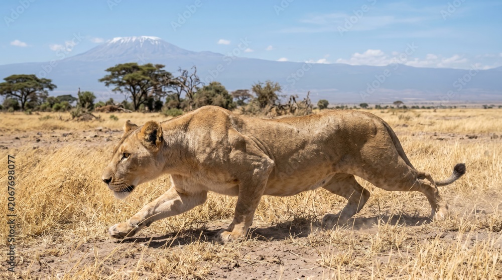 Fototapeta premium A lioness prowling through the savannah in front of a distant mountain range. Concept of wildlife, nature, and adventure photography, highlighting the strength and beauty of the natural world