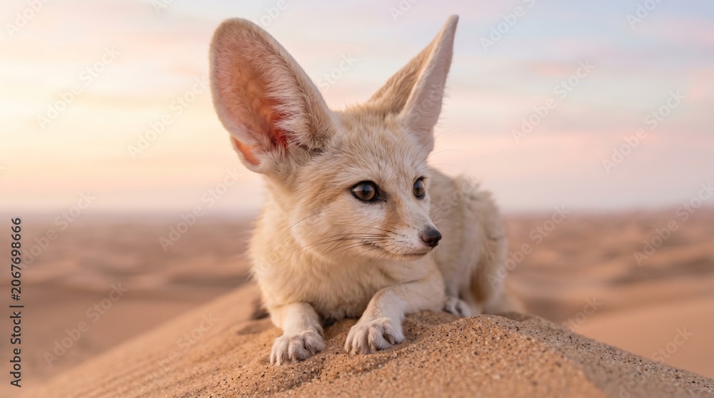 Fototapeta premium A young fennec fox with large ears rests on a sand dune at sunset. Concept promotes wildlife, nature, desert life, and animal photography for educational and promotional materials. Generative AI