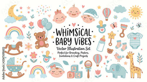 Whimsical baby vibes vector illustration set