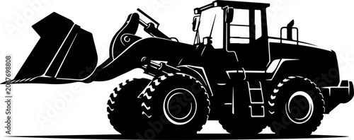 Black tractor, heavy equipment, construction vehicle, industrial loader, silhouette icon