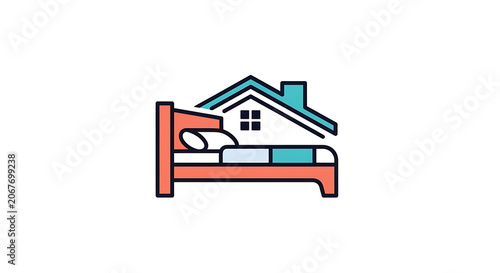 Comfortable Home Stay Illustration featuring a Bed and House Icon for Vacation Rental and Hospitality Services