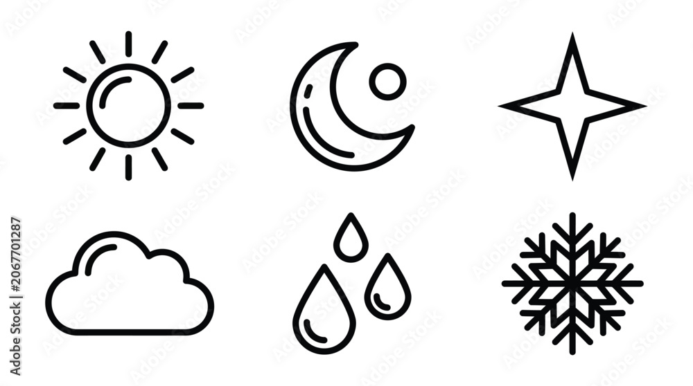 Fototapeta premium A collection of simple line art icons representing various weather conditions and celestial bodies for design