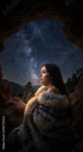 Woman cave dweller observing milky way from cave mouth. First people life concept in anthropogen era with a night sky view.