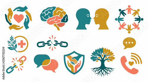 Diverse vector icon set representing key concepts of mental health, human connection, communication, community support, empathy, and well-being for modern design projects