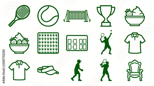 Essential flat vector icon set for tennis, featuring sports equipment, active players, court elements, and accessories, ideal for digital design and athletic applications