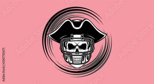 Fotografie Skull Mascot Wearing American Football Helmet and Pirate Tricorn Hat Illustration