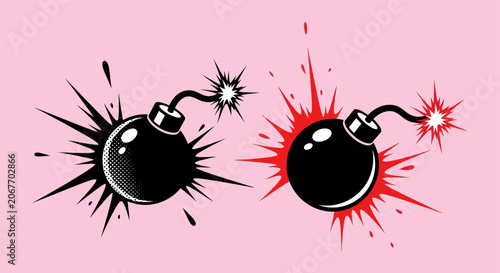Obraz na plátně Two vintage comic style black bombs with lit fuses and explosive splash effects on pink background