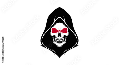 Foto Grim Reaper Skull Illustration with Red Glowing Eyes and Black Hooded Cloak