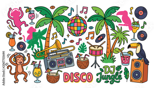 Photography Tropical disco jungle illustration with musical instruments and party elements i