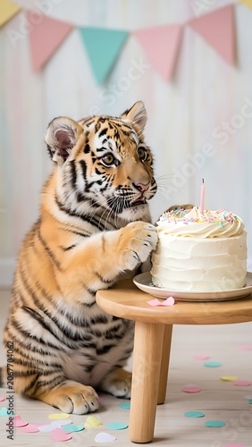 Cute Tiger Cub Enjoying First Birthday Cake.