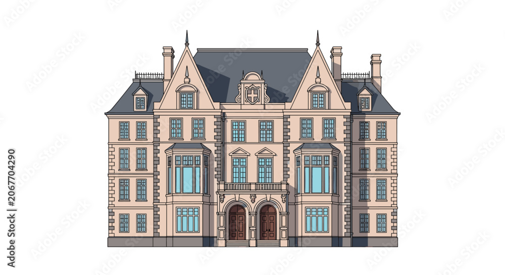 Fototapeta premium Grand historic mansion with many windows and classic architectural details stands tall in a detailed flat illustration.