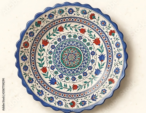 Decorative Ceramic Plate with Floral and Geometric Patterns.