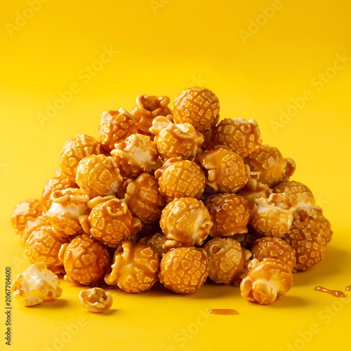 Delicious Caramel Popcorn Pile on Yellow Background.