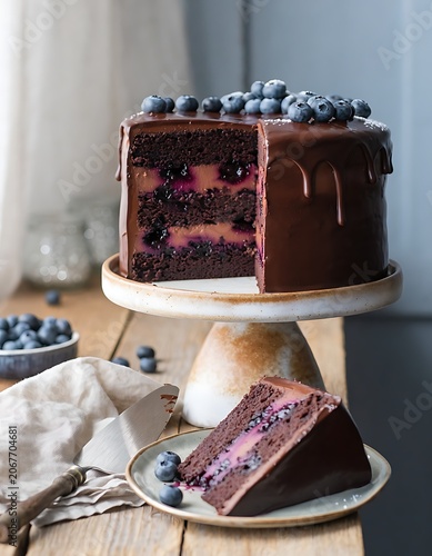 Delicious Chocolate Cake with Blueberries on Top.