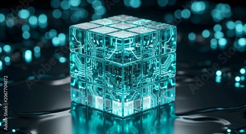 Glowing glass puzzle cube showcasing intricate internal microchips and cyan circuit board paths with depth of field