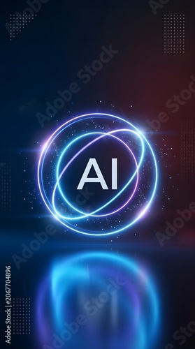 Futuristic AI digital core interface with glowing neon rings and abstract telemetry data dashboard on dark background