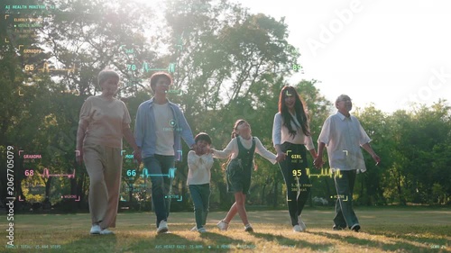 Happy multi-generational Asian family walking in a park with futuristic HUD health tracker overlay showing heart rate and fitness data, AI Data wellness, healthcare technology, and smart lifestyle