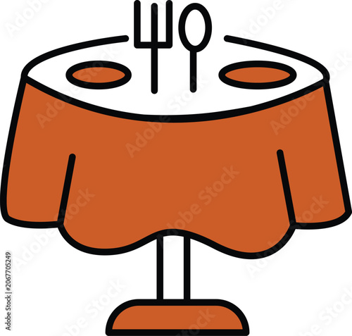 Dining table with orange tablecloth spoon and fork flat vector design