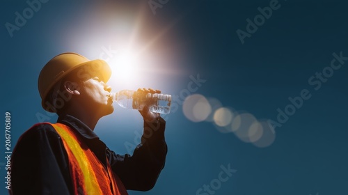 Worker drinks water in hot sun after hard labor during afternoon at construction site to stay hydrated