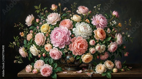 Exquisite still life oil painting of a lush bouquet of peonies and roses