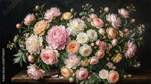 A lush bouquet of blooming peonies and roses on a rustic wooden table