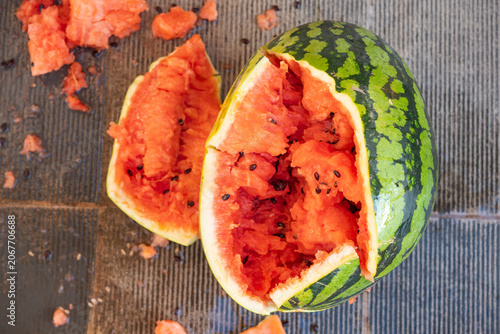 top view smashed watermelon on the ground at horizontal composition