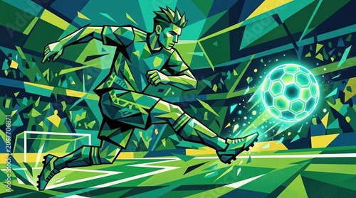 A vibrant low poly illustration of a soccer player in green kicking a ball with geometric background and crowd. Perfect for sports, football, or athletic design projects.