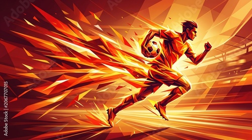 A geometric low-poly illustration of a soccer player running with a ball through fiery speed lines. Perfect for sports, energy, or athletic design projects.