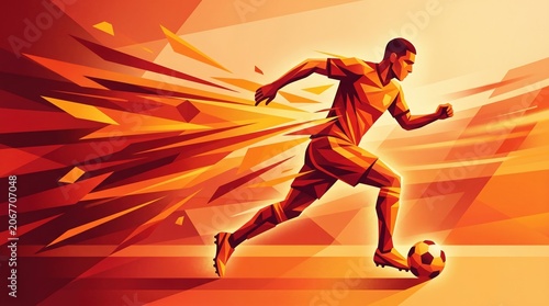 A geometric low-poly illustration of a soccer player running with a ball through fiery speed lines. Perfect for sports, energy, or athletic design projects.