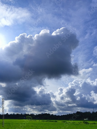 Konstfotografi Dramatic massive dark cumulus clouds towering over a vibrant green rice paddy fi