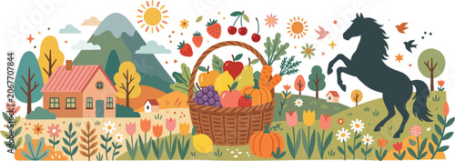 Fotografie Colorful countryside landscape with fruit basket and horse illustration in a fla