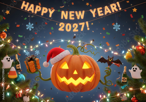 A festive Halloween pumpkin wears a Santa hat amidst Christmas decorations and New Year confetti at night.
