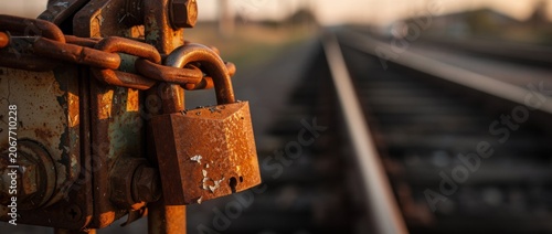 Rusty padlock on a weathered gate near railway tracks during sunset, featuring warm colors, shallow depth of field and blurred background
