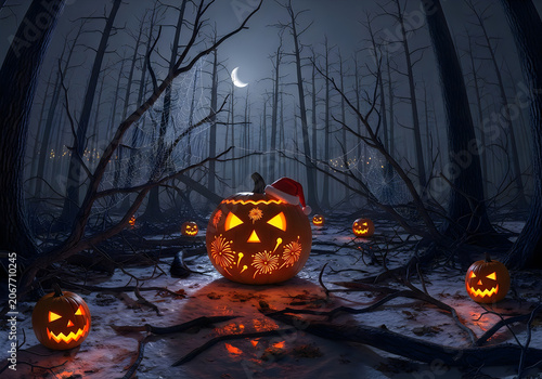 Glowing jack-o-lanterns illuminate a spooky dark forest at night with moonlight