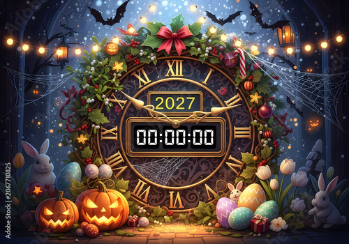 A spooky Halloween clock strikes midnight surrounded by jack-o'-lanterns and Easter eggs under starry night sky with bats and string lights.