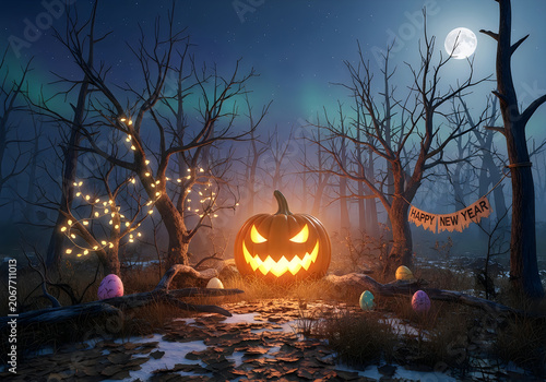 A glowing jack-o-lantern sits amidst bare trees, colorful eggs, and festive lights on a spooky autumn night under the full moon.