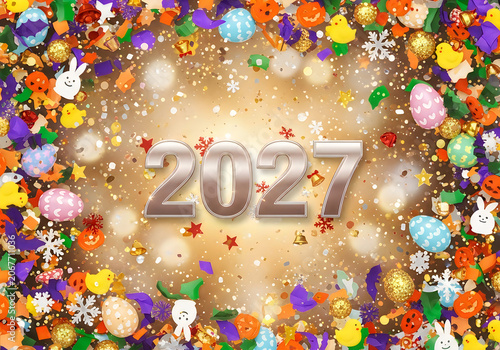 New Year celebration with colorful confetti and decorations in 2027