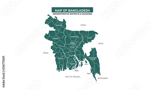 Detailed vector map of Bangladesh showing administrative districts, major divisions, national boundaries, India, Myanmar, Bay of Bengal, and South Asia.