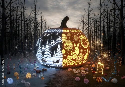 A glowing jack-o-lantern sits amidst autumn leaves in a dark forest at dusk with pine trees and mushrooms.