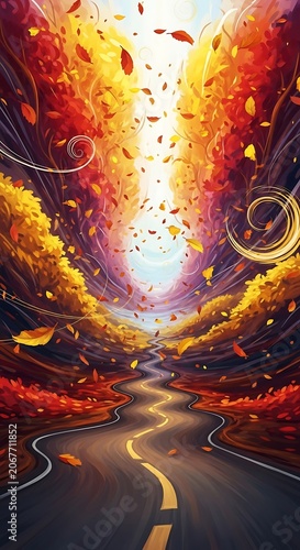 Winding road through a vibrant, fiery autumn forest with swirling leaves