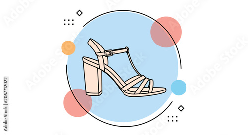 Fényképezés Elegant beige high-heeled sandal with multiple straps and a buckle is centered on a light blue circle background
