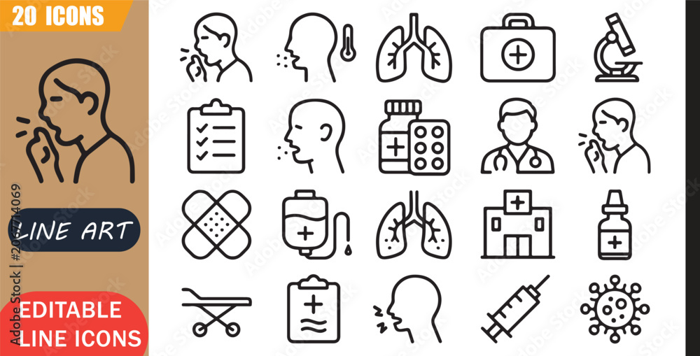 Naklejka premium Isolated Cough Symptoms Icons Set, 20 Editable Line Art Icons Set, Healthcare Illness Respiratory, Infection Treatment Medical, Health Condition Signs, Minimal Outline Vector
