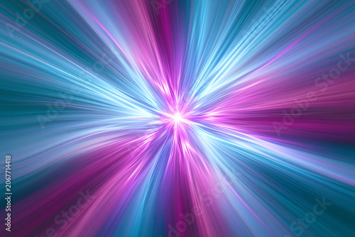 Abstract glowing neon radial background with dynamic light rays. Hyperspace warp effect in vibrant cyan and magenta colors