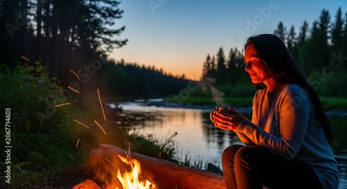 Woman enjoys a warm drink by a crackling campfire at dusk by a peaceful river