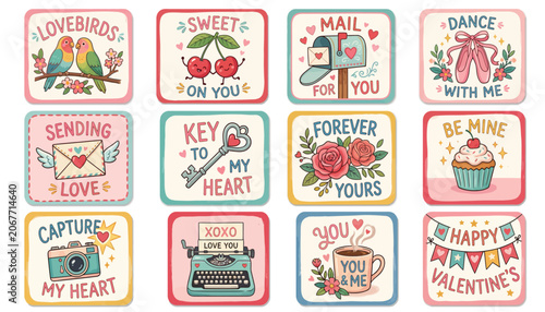 Quadro em tela Colorful valentine stickers with lovebirds cherries keys and hearts in a retro s