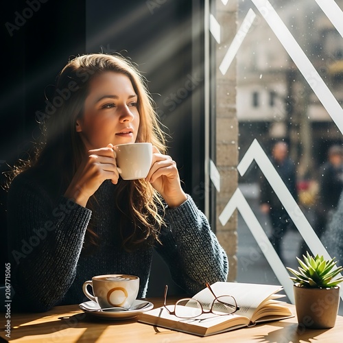 Woman enjoys coffee and contemplation by sunlit cafe window