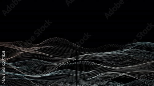 Elegant silver and gray mesh waves flow across a dark background, creating a refined futuristic atmosphere